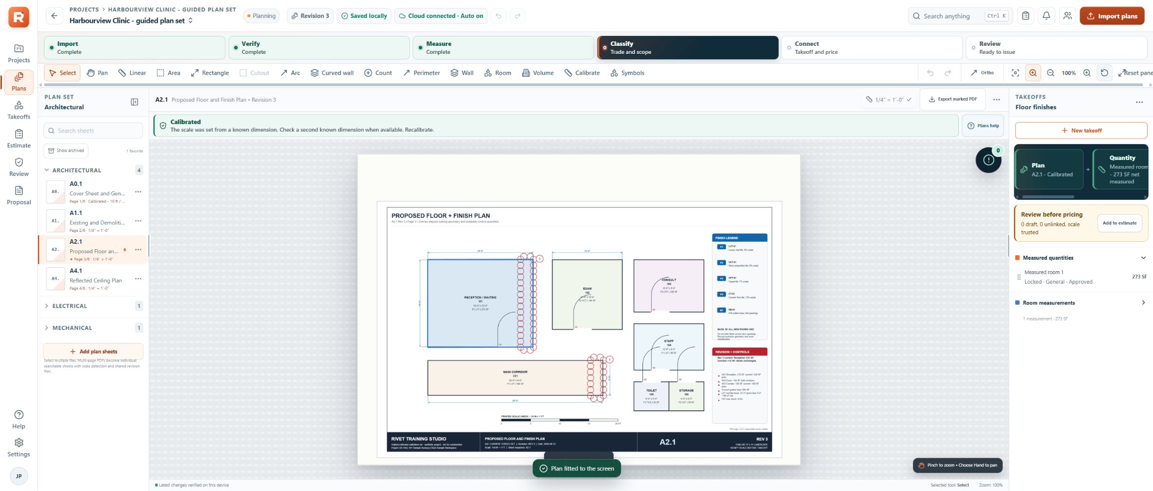 Rivet plan workspace with a construction drawing, sheet list and calibrated measurement tools