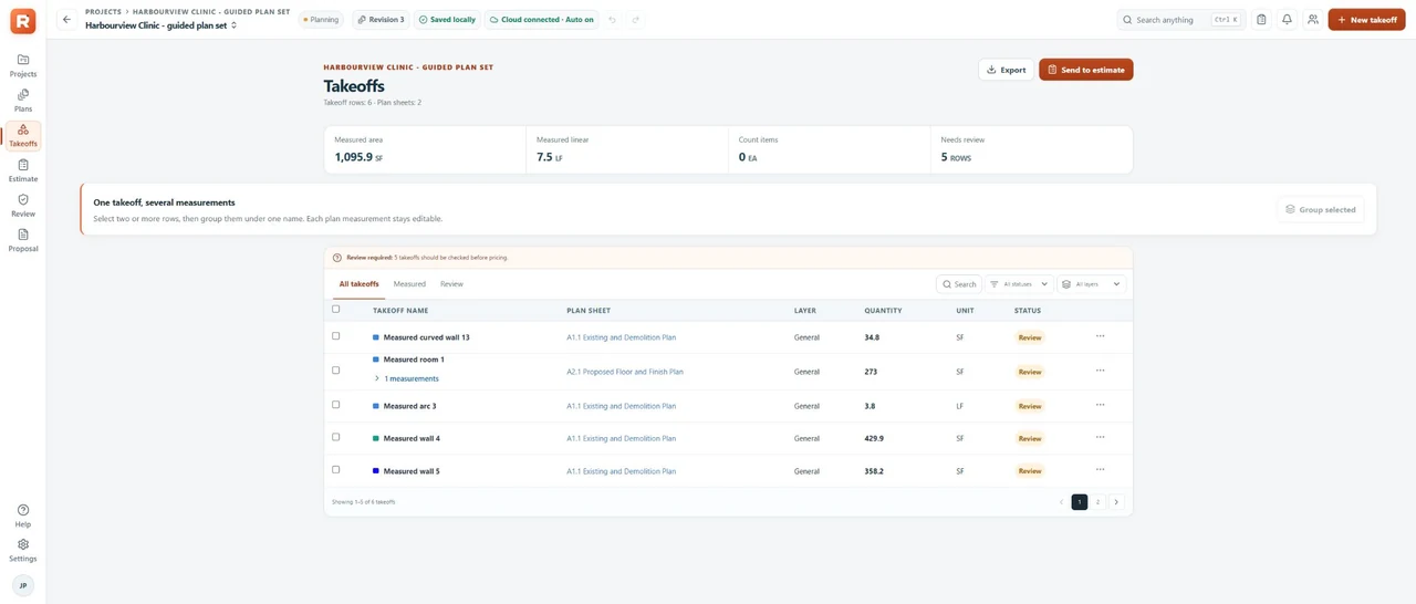Rivet Estimator takeoff workspace